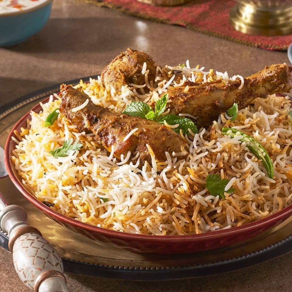 A bowl of biryani with spiced meat, basmati rice, mint, curry, and syrupy gulab jamun on a dining table.