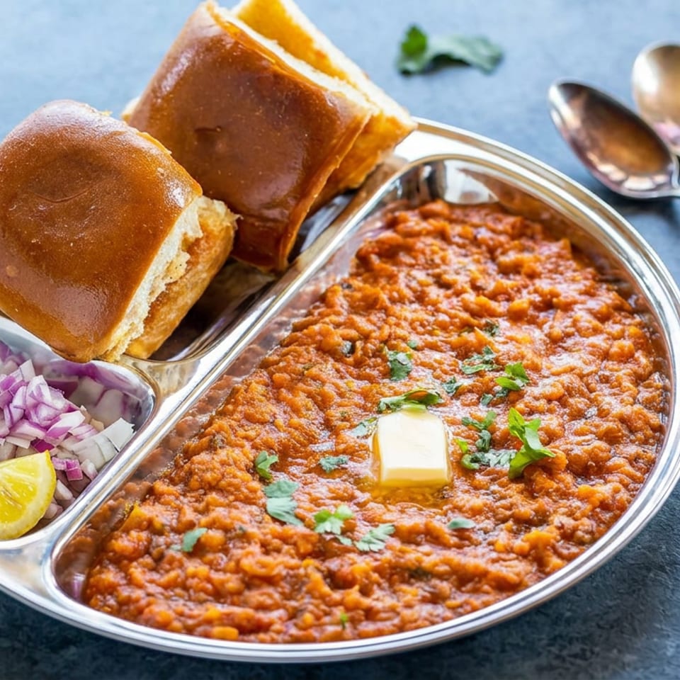 Indian pav bhaji served with buttered bread rolls, chopped onions, lemon wedge, cilantro, and spoons on a blue table.