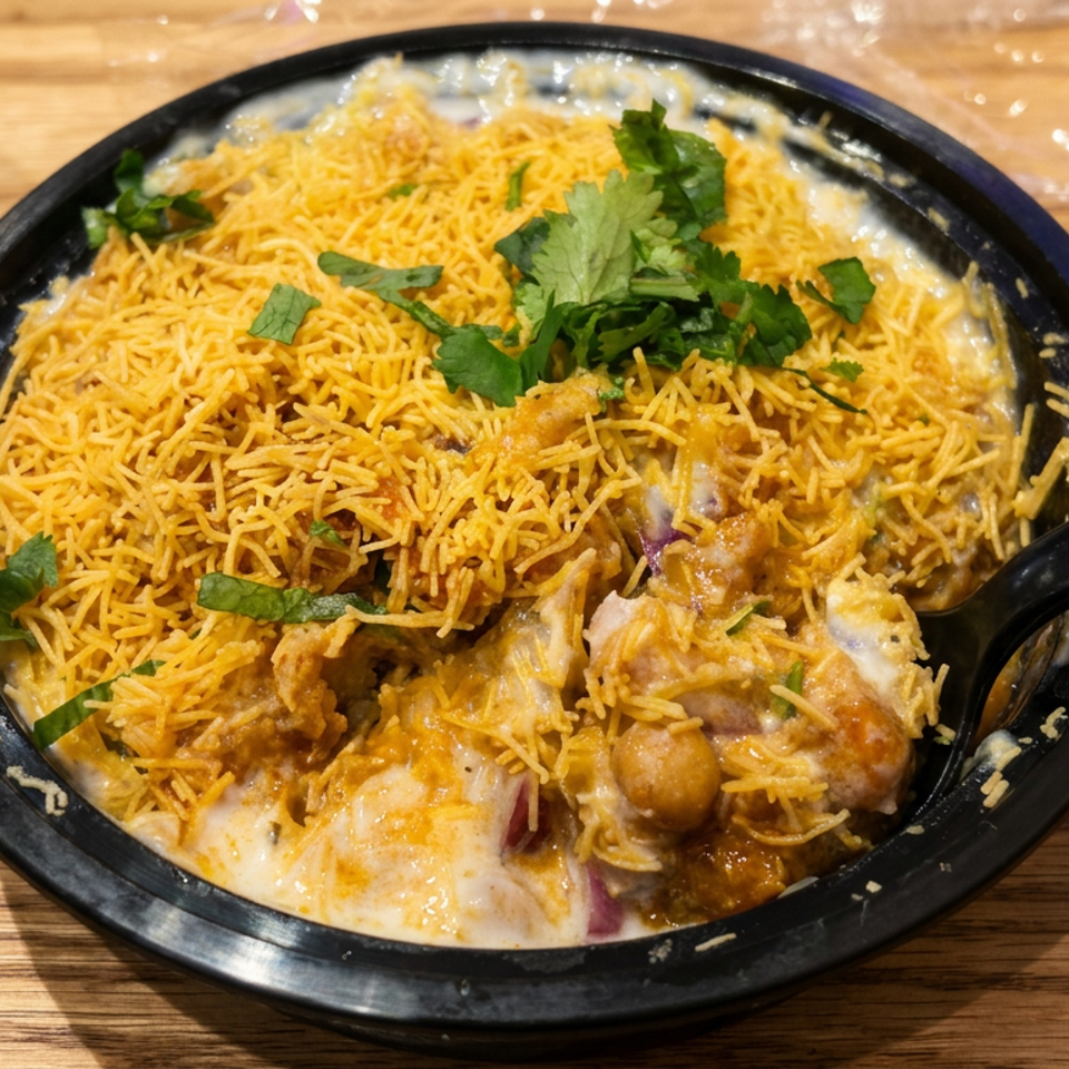 Indian chaat topped with crispy sev and cilantro, served in a black bowl with a spoon and side of creamy sauce.