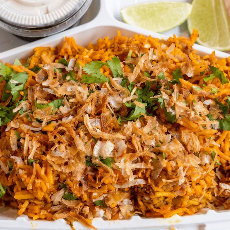 Orange-spiced rice topped with crispy fried onions and cilantro in a takeout container, accompanied by lime wedges and sauce.