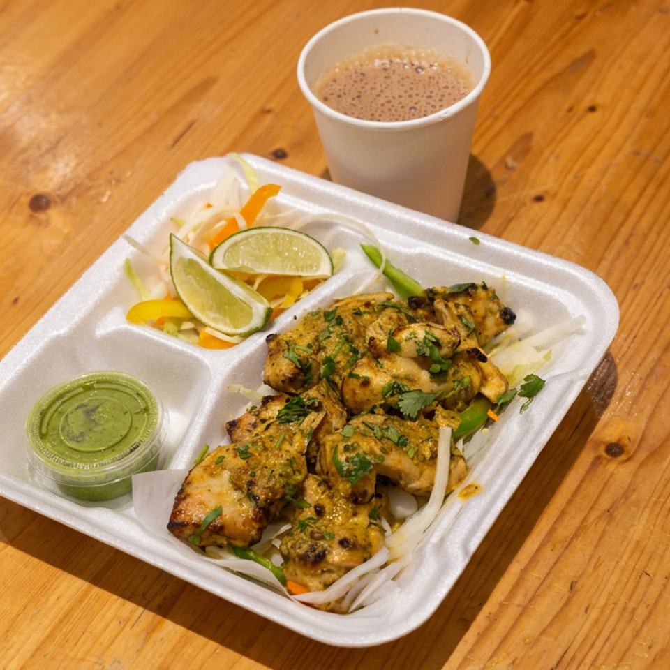 Grilled spiced chicken pieces with cilantro, vegetables, lime wedges, and green chutney in a takeout tray beside a drink.