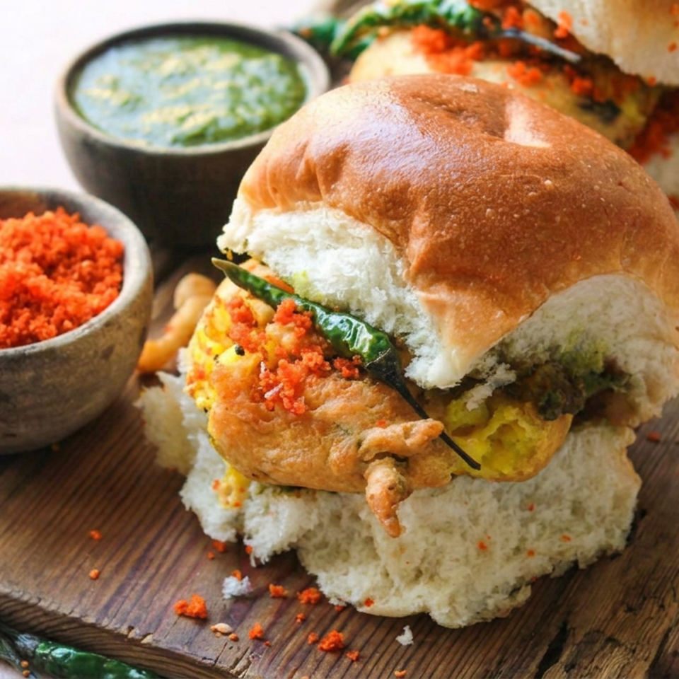 Indian vada pav with crispy potato fritter, chutneys, green chili, and red spice crumbs on a wooden board.