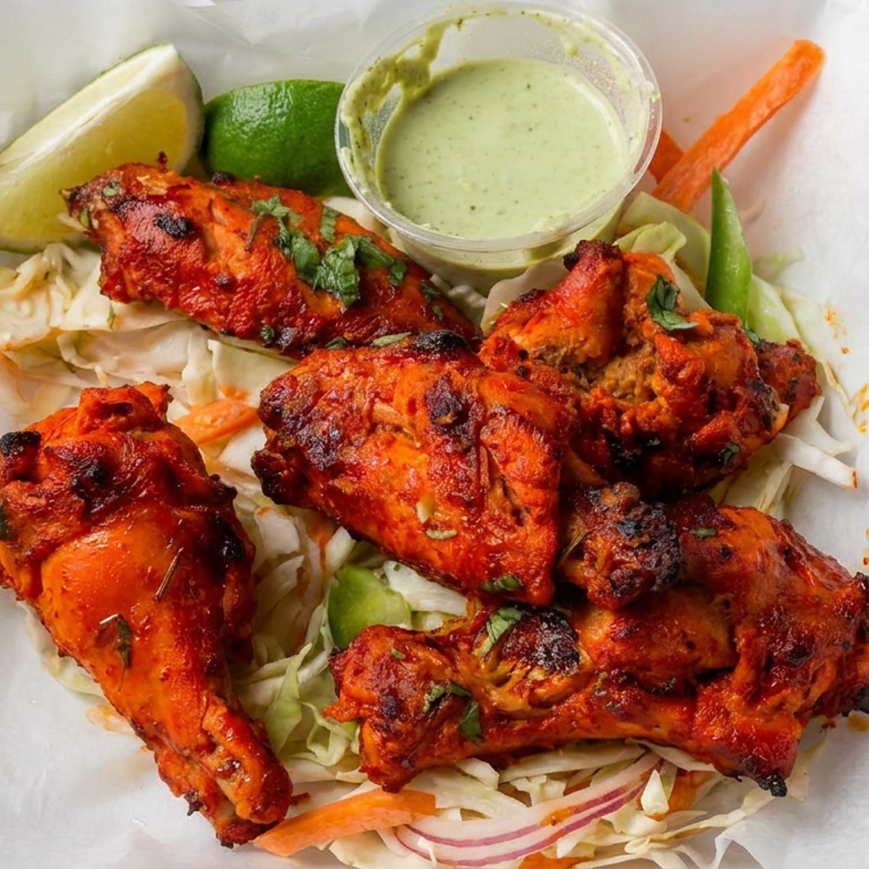 Tandoori chicken pieces served over shredded salad with lime wedges, sliced vegetables, and a cup of green dipping sauce.