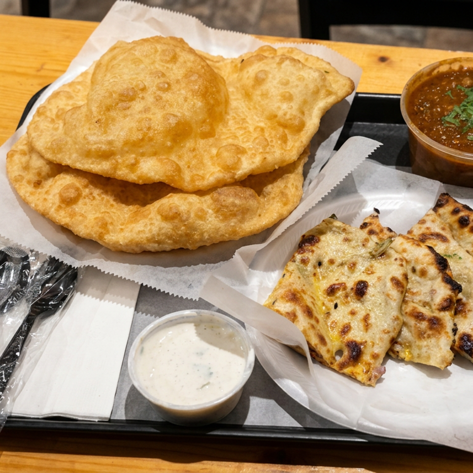 Tray of puffed fried breads, charred flatbreads, spiced curry, and creamy dipping sauce on a wooden restaurant table.
