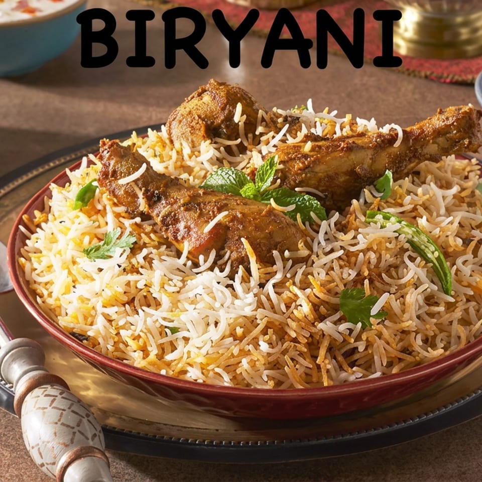 A platter of spiced biryani rice topped with roasted meat, mint, and chilies, surrounded by curry, dessert, and serving utensils.